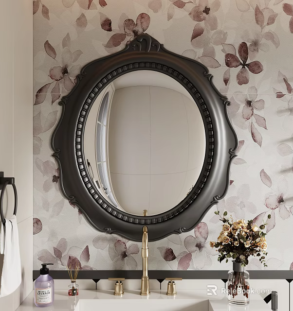 Bathroom Decor With Ornate Oval Mirror Floral Wallpaper And Flowers 3d model 