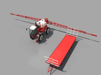 Red Agricultural Sprayer Function Vehicle With Long Boom And Trailer Platform 3d model