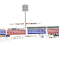 Race Track Grandstand With Red White Seats And Sponsor Advertising Banners