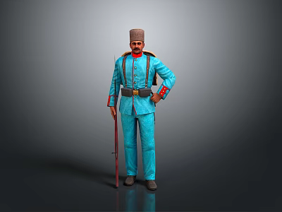 A Man in Blue Traditional Uniform With Red Hat Black Belt and Spear Standing Tall 3d model