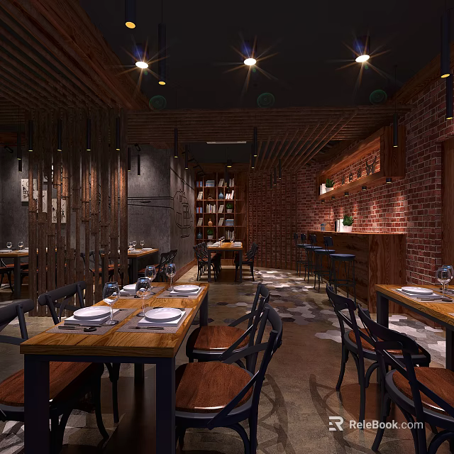 Rustic Restaurant Interior With Wooden Tables Brick Walls Bookshelf And Warm Lighting 3d model 