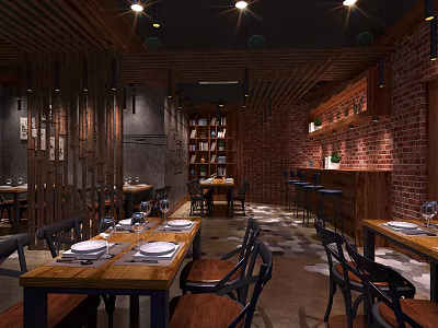 Rustic Restaurant Interior With Wooden Tables Brick Walls Bookshelf And Warm Lighting 3d model
