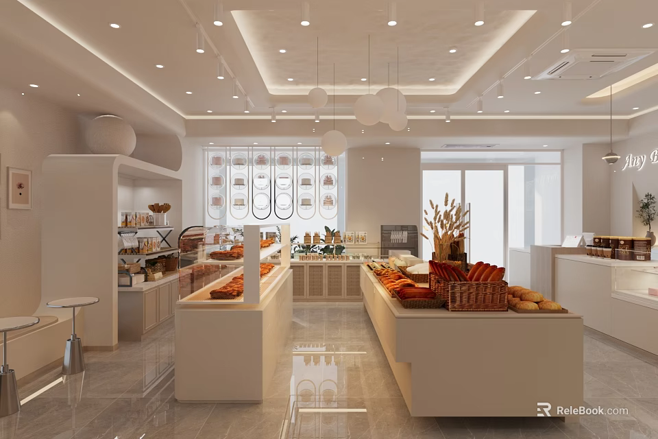 Modern Dessert Shop Interior Design With Bright Display Counters Fresh Bread Pastries And Pendant Lights 3d model 
