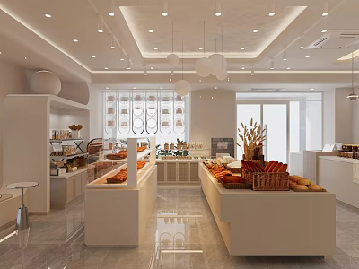 Modern Dessert Shop Interior Design With Bright Display Counters Fresh Bread Pastries And Pendant Lights 3d model