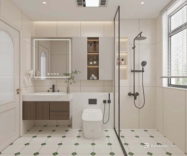 Modern Bathroom Interior With White Toilet Vanity Mirror Glass Shower And Green Patterned Tiles 3d model 