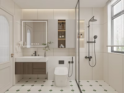 Modern Bathroom Interior With White Toilet Vanity Mirror Glass Shower And Green Patterned Tiles 3d model
