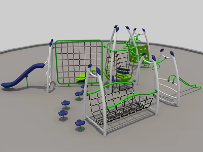 Colorful Outdoor Playground Equipment With Slide Climbing Net Swings And Mushroom Seats 3d model
