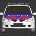 White Police Car With Blue Red Stripes And Roof Lights POLIS Logo