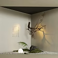 Japanese Zen Indoor Landscape With Calligraphy Wall Dried Branch Stones Moss Lighting And Pebble Floor