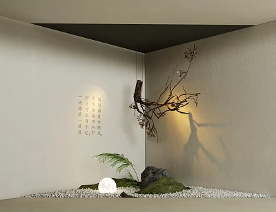 Japanese Zen Indoor Landscape With Calligraphy Wall Dried Branch Stones Moss Lighting And Pebble Floor 3d model