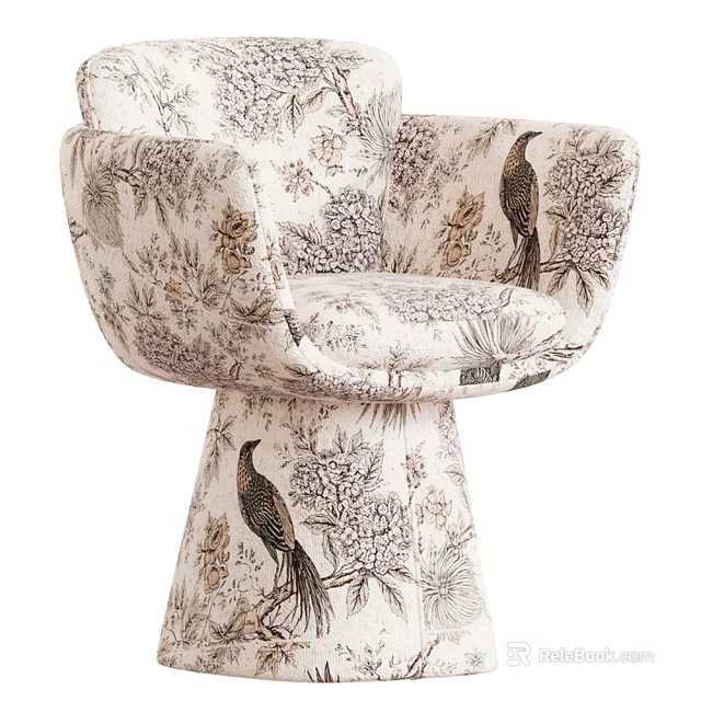 Elegant Accent Chair With Bird And Floral Print Upholstered In Light Fabric 3d model 