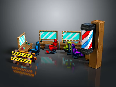 Barber Shop Interior Furniture Featuring Colorful Chairs Mirrors Workstations And Wooden Striped Sign 3d model