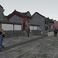 Traditional Commercial Street With Riverfront Buildings And Pedestrian Layout Design