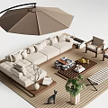 Outdoor Sofa on Wooden Deck with Sunshade Leisure Chairs Coffee Table and Plants