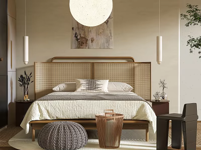 Modern Bedroom Interior Design With Rattan Headboard Pendant Light And Decorative Art 3d model