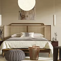 Modern Bedroom Interior Design With Rattan Headboard Pendant Light And Decorative Art