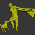 Superhero in Superman Costume Running With White Dog On Dark Reflective Surface