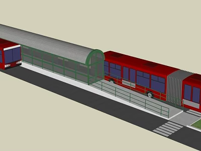Red Public Transport Station With Covered Platform Railings And Sidewalk Access 3d model