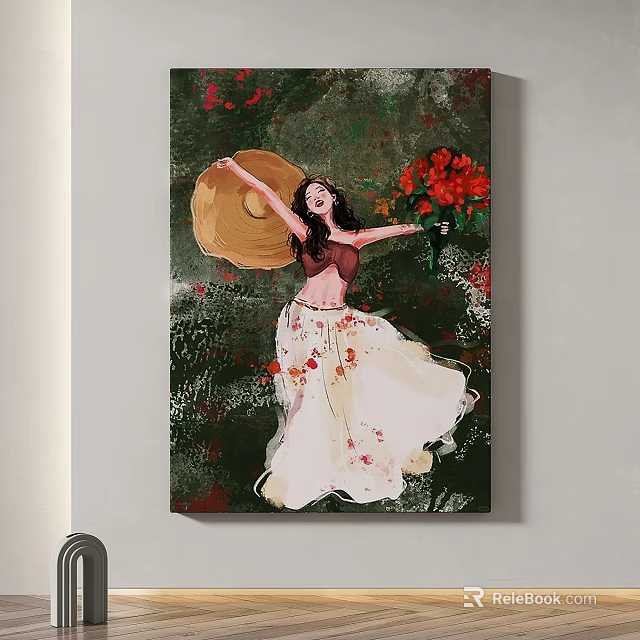 Abstract Painting Featuring Woman With Wide Brim Hat Red Bouquet White Skirt Green Floral Background 3d model 