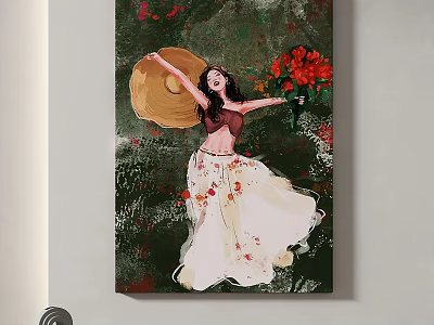 Abstract Painting Featuring Woman With Wide Brim Hat Red Bouquet White Skirt Green Floral Background 3d model