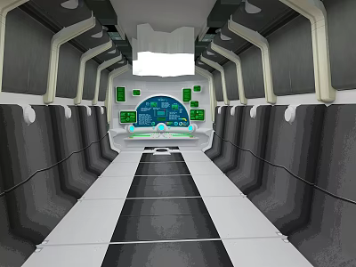 Futuristic Sci Fi Interior Corridor With Control Console Green Displays And White Floor 3d model