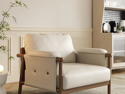 Modern Beige Single Sofa with Wooden Armrests and Green Plant in Cozy Living Room 3d model