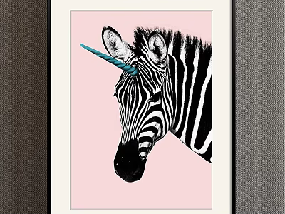 Zebra Head Animal Painting With Blue Unicorn Horn On Pink Background 3d model