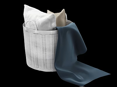 White Woven Storage Basket With White Beige Pillows And Blue Blanket 3d model