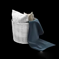 White Woven Storage Basket With White Beige Pillows And Blue Blanket