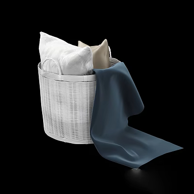 White Woven Storage Basket With White Beige Pillows And Blue Blanket 3d model