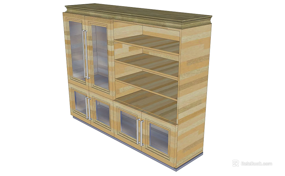 Wooden Bookcase With Glass Doors And Open Shelves For Home Storage And 3d model 