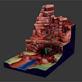 Cartoon Style Scenic Landscape With Rock Waterfall Stream Trees And Green Grass