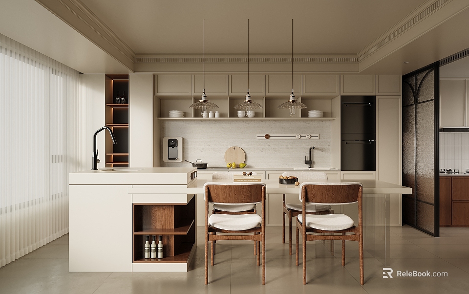 Elegant Modern Restaurant Interior With Open Layout Island Counter And Dining Chairs 3d model 