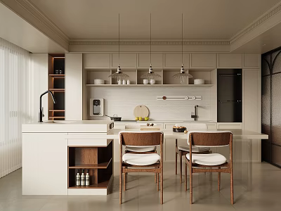 Elegant Modern Restaurant Interior With Open Layout Island Counter And Dining Chairs 3d model