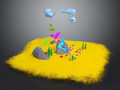 Underwater Scene With Yellow Sand Rocks Seaweed And Swimming Fish 3d model