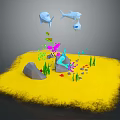 Underwater Scene With Yellow Sand Rocks Seaweed And Swimming Fish