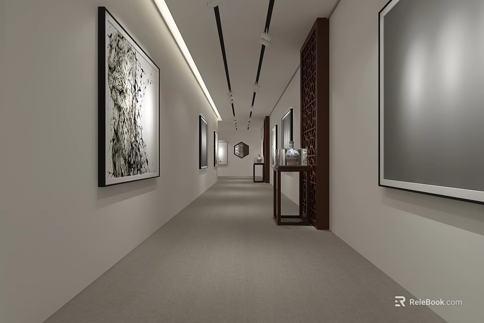 Modern Elevator Hallway Interior Design With Framed Artworks And Recessed Lighting 3d model 