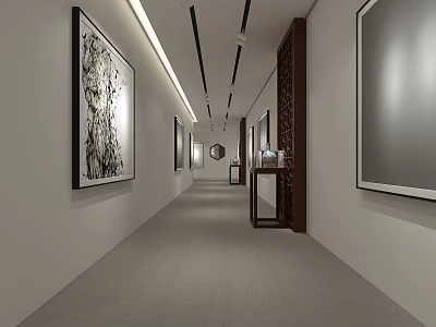 Modern Elevator Hallway Interior Design With Framed Artworks And Recessed Lighting 3d model