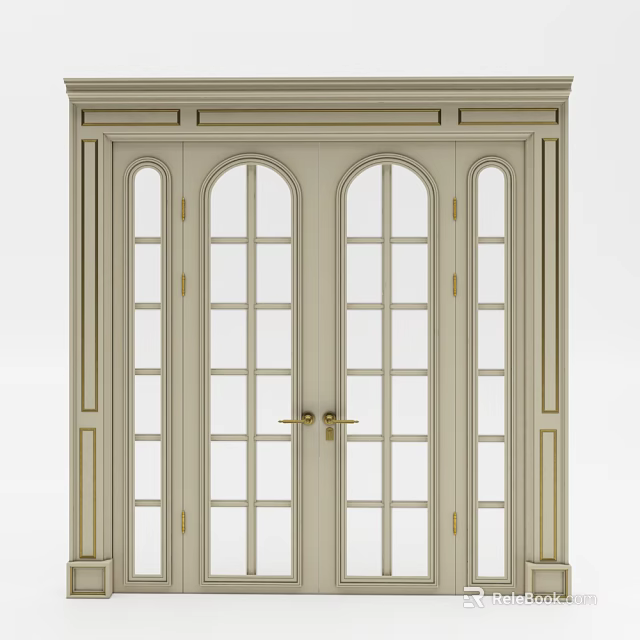 Light Colored Double Doors With Arched Glass Panes And Golden Handles 3d model 