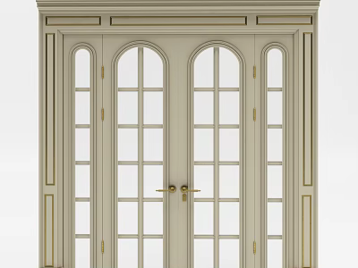 Light Colored Double Doors With Arched Glass Panes And Golden Handles 3d model