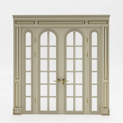 Light Colored Double Doors With Arched Glass Panes And Golden Handles 3d model