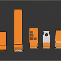 Five Orange Trucks of Various Types on Dark Background with Reflections