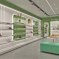 Qianbaihe Brand Store With Green And White Decor Shoes Bags Display Shelves And Central Table