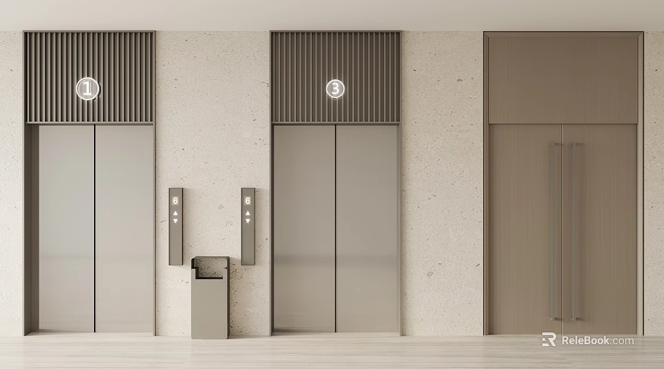 Modern Elevator Lobby With Three Metal Doors Control Buttons Trash Bin And Beige Wall 3d model