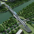 Modern Arch Bridge With Roadway And Railings Near Modern Buildings Trees And River