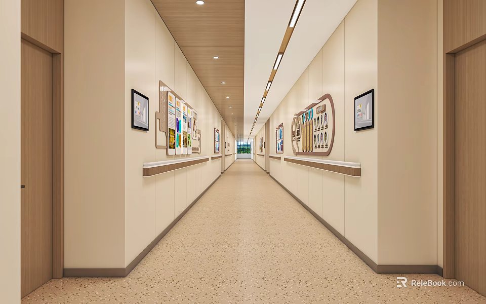 Spacious Modern Rehabilitation Center Corridor With Wall Displays Textured Floor And Lighting 3d model 