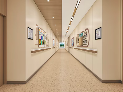 Spacious Modern Rehabilitation Center Corridor With Wall Displays Textured Floor And Lighting 3d model
