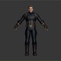 Man in blue superhero uniform with red details silver accents standing on gray background