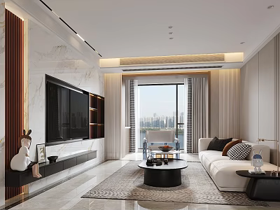 Modern Living Room Interior Design With Large TV White Sofa Coffee Table And City View 3d model