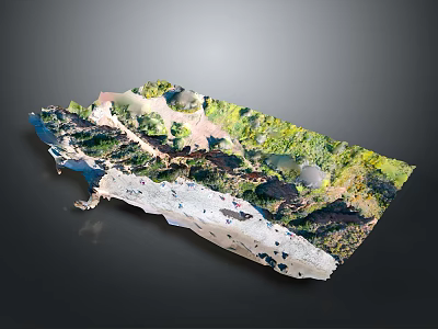3D Terrain Model Featuring Mountain Ranges Green Vegetation Snowy Areas and Blue Water Bodies 3d model